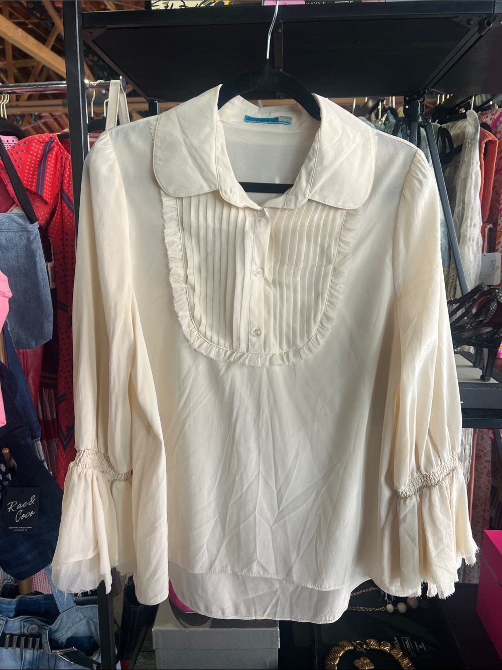 Alice & Olivia Ivory Pleated Placket Silk Blouse